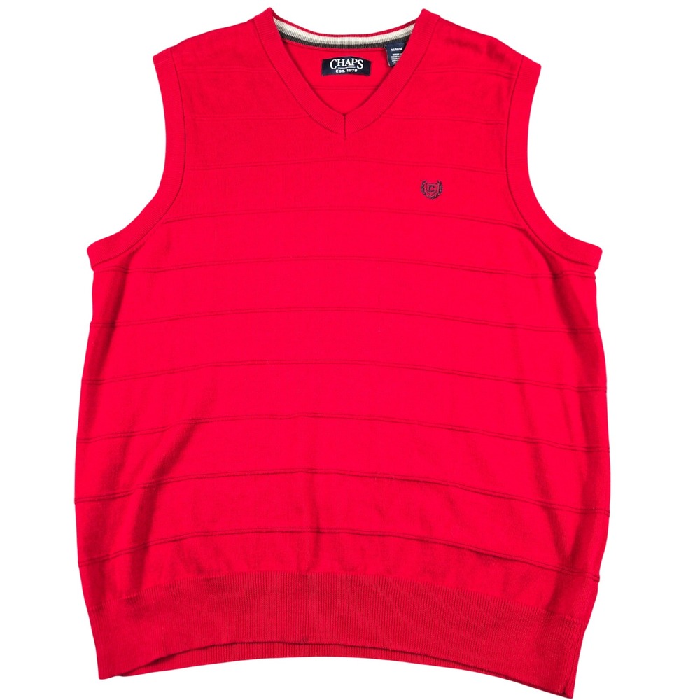 Chaps Sweater Vest Mens Medium Red V-Neck 100% Cotton Textured Stripe Knit Logo
